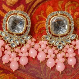 Fashionable Traditional Gold Plated Kundan Studded BabyPink Earring For Women Cubic Zirconia Alloy Plug Earring-image-78