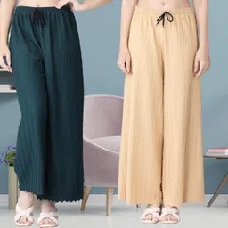 irha Pack of 2 Women Regular Fit Green, Cream Viscose Rayon Trousers-picture-26