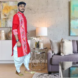 gouri collections Men Pure Cotton, Dupion Silk Kurta Dhoti Pant Set image 3