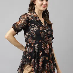 keri perry Casual Puff Sleeves Printed Women Black Top image 3