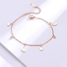 Yellow Chimes Rose Gold-Plated Stainless Steel Moon & Star Charm Anklet image 1