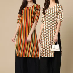 7threads KALINI Women Pack Of 2 Orange & Cream-Coloured Printed Block Print Handloom Crepe Kurtas image 1