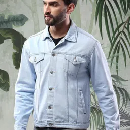 Kotty Men Solid Spread Collar Insulator Pure Cotton Denim Jacket-image-52