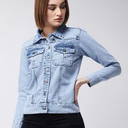 Miss Chase Women Blue Solid Lightweight Denim Jacket-picture-8