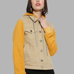Campus Sutra Women Brown Mustard Colourblocked Windcheater Outdoor Denim Jacket-image-92