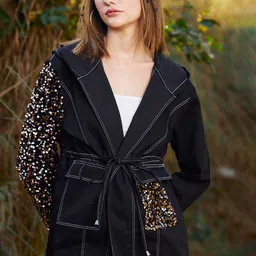 Athena Women Cotton Sequinned Denim Jacket with Tie-Up image 2