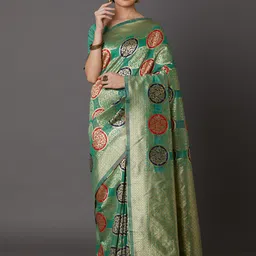 Mitera Green & Gold-Toned Zari Khandua Silk Dharmavaram Saree image 2