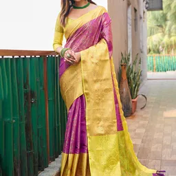 Mitera Purple & Yellow Ethnic MotifsWoven Design Zari Kanjeevaram Saree-image-51