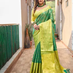 Mitera Green & Yellow Woven Designed Zari Saree-image-92