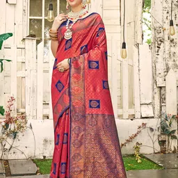 Anouk Red & Blue Geometric Woven Design Zari Art Silk Kanjeevaram Saree-picture-22