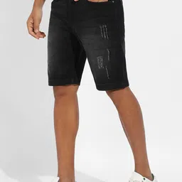 Campus Sutra Black Washed Scratched Outdoor Mid-Rise Denim Shorts-image-98