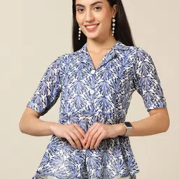 FASHION DREAM Floral Printed Shirt Collar Peplum Top-picture-26