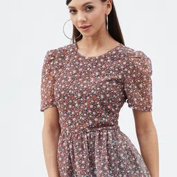 Harpa Brown Floral Printed Chiffon Peplum Top image 3