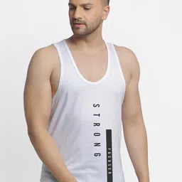 Friskers Men White & Black Printed Cotton Apple Cut Gym Vest-image-64