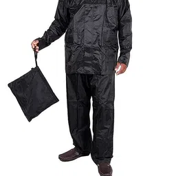 krystle Boy's Black Solid Rainsuit|Raincoat|Barsaati|Overcoat with top, Bottom, Cap and Cover (Black) (Pack of 1) (Multisize) image 1