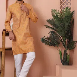 Anouk Mustard Floral Woven Design Band Collar Silk Blend Straight Kurta With Pyjamas-picture-13