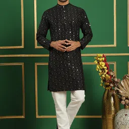 Anouk Embroidered Mandarin Collar Long Sleeves Mirror Work Kurta with Pyjamas-picture-20