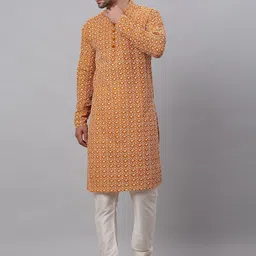 Jompers Men Mustard Yellow Floral Embroidered Pure Cotton Kurta with Churidar-picture-39