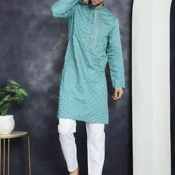 Jompers Ethnic Motifs Embroidered Mandarin Collar Sequinned Straight Kurta With Pyjama-picture-16