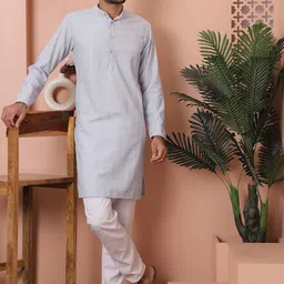 Anouk Grey Ethnic Motifs Embroidered Sequinned Band Collar Straight Kurta With Pyjamas-picture-14