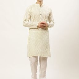 Jompers Men Cream-Coloured Chikankari Embroidered Pure Cotton Kurta with Churidar-picture-0