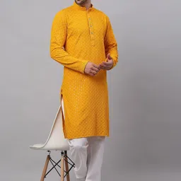 Jompers Men Mustard  Floral Embroidered Sequinned Kurta with Churidar image 4
