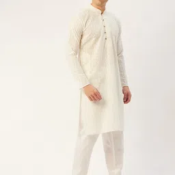 Jompers Men Cream-Coloured Embroidered Pure Cotton Kurta with Churidar image 4