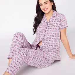 beebelle Grey & Magenta Typography Printed Night Suit image 1