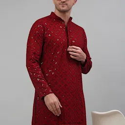 Jompers Mandarin Collar Embroidered Chikankari Straight Kurta With Pyjamas image 5