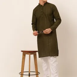 Jompers Men Olive Green Chikankari Dupion Silk Kurta with Churidar image 5