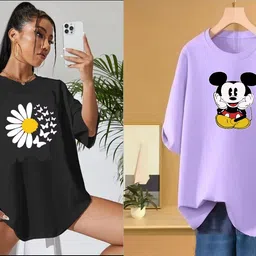 rapturous Pack of 2 Women Printed Round Neck Cotton Blend Black, Purple T-Shirt-picture-35