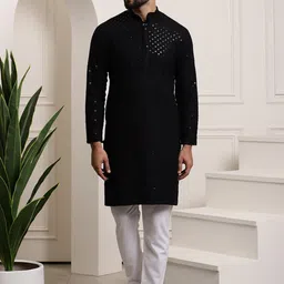 SOJANYA Ethnic Motifs Embroidered Regular Sequinned Pure Cotton Kurta with Churidar image 1