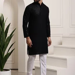 SOJANYA Ethnic Motifs Embroidered Regular Sequinned Pure Cotton Kurta with Churidar image 4