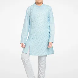 Jeetethnics Boys Blue & White Self Design Angrakha Cotton Blend Kurta Set-picture-50
