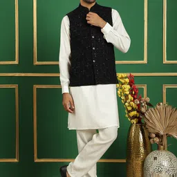Jompers Mandarin Collar Velvet Straight Kurta & Pyjama With Nehru Jacket-picture-33