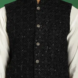 Jompers Mandarin Collar Velvet Straight Kurta & Pyjama With Nehru Jacket image 2