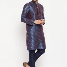 VASTRAMAY Geometric Woven Design Mandarin Collar Kurta With Pyjamas image 4