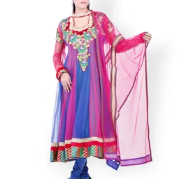 Chhabra 555 Pink & Blue Embroidered Net Unstitched Anarkali Dress Material-image-32