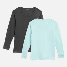 Kanvin Boys Pack Of 2 Charcoal & Turquoise Ribbed Cotton Thermal Tops-picture-35
