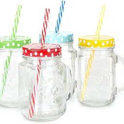 meldique Mason Jar with Lid and Straw (Transparent, Random color, 500 ml) Glass Mason Jar-picture-14