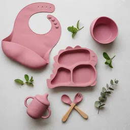 vyani 6-Piece Silicone Baby Feeding Set with Suction Base and Wooden Handles - Food-grade BPA-free silicone, Wood + silicone (spoon & fork handles) image 2