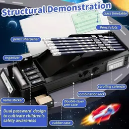 radhey preet Astronaut, Universe Print Multi Compartment Button Operated Password Protected Compass Box For Kids, Price For 1Pc | RP1137 Art Plastic Pencil Box image 3