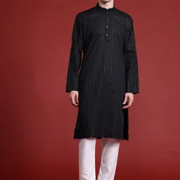 MANQ Men Striped Kantha Work Pure Cotton Kurta with Pyjamas image 2
