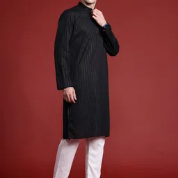 MANQ Men Striped Kantha Work Pure Cotton Kurta with Pyjamas image 4