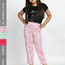 BAESD Girls Pack Of 3 Printed Pure Cotton Mid-Rise Lounge Pants-picture-38
