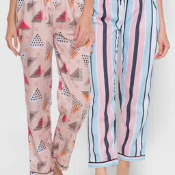 FashionRack Women Pack of 2 Beige & Multicolored Printed Cotton Lounge Pants-picture-20