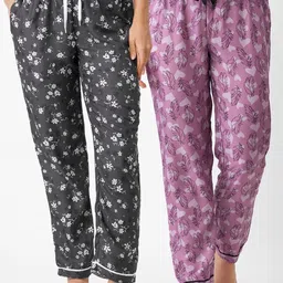 FashionRack Women Set of 2 Grey & Violet Printed Cotton Lounge Pants-image-39