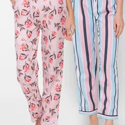 FashionRack Women Pack of 2 Pink & Blue Printed Cotton Lounge Pants-image-40