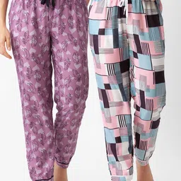 FashionRack Pack Of 2 Women Pink & Blue Printed Cotton Lounge Pants-picture-30