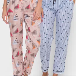 FashionRack Women Pack of 2 Beige & Blue Printed Cotton Lounge Pants-image-53